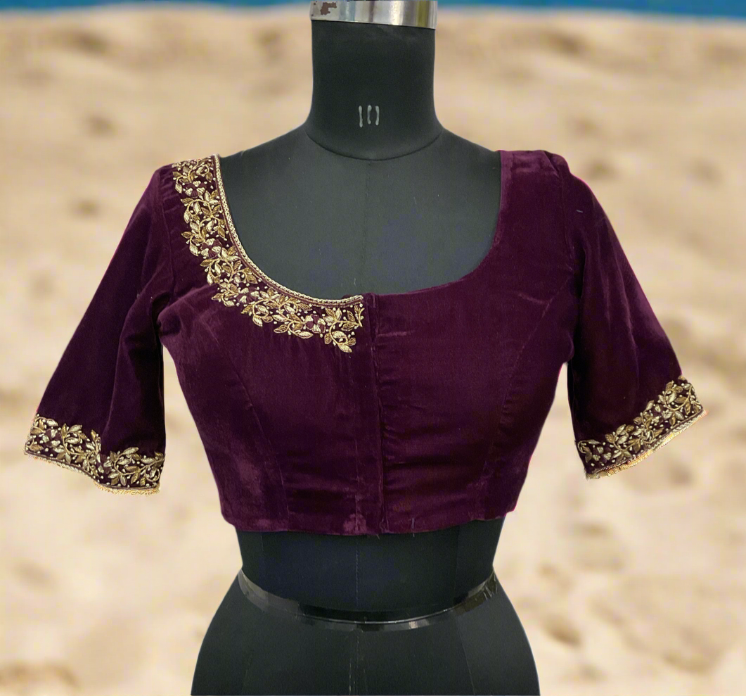 Maroon velvet hand embroidery blouse