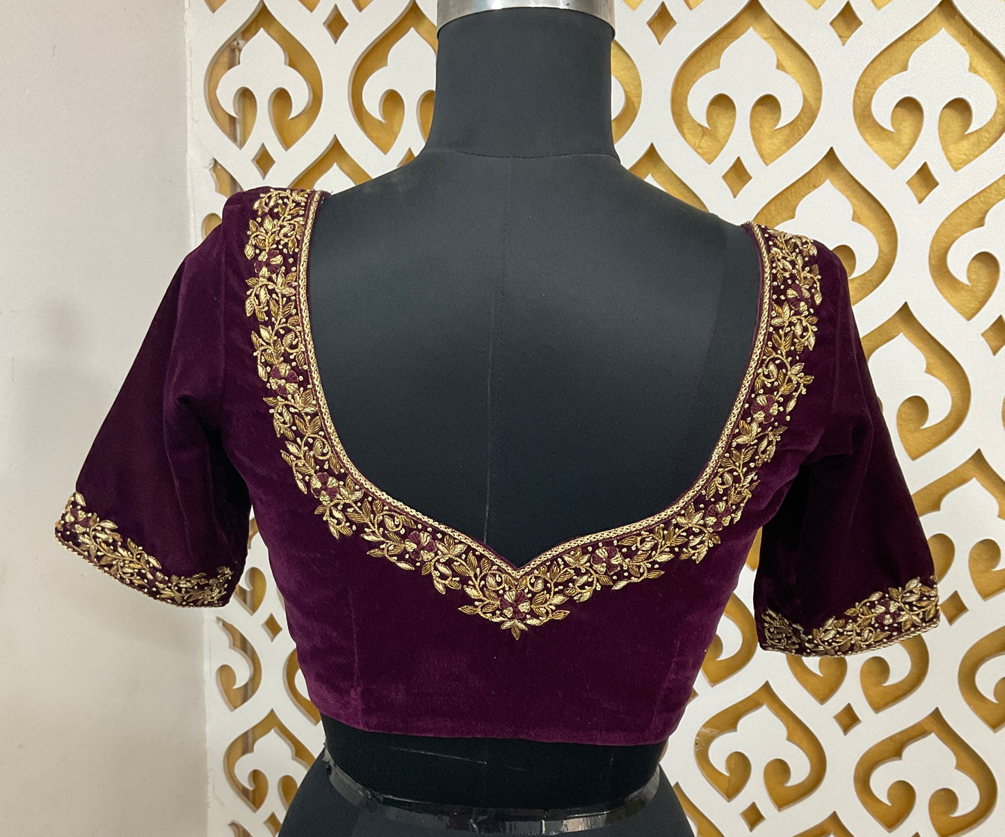 Maroon velvet hand embroidery blouse