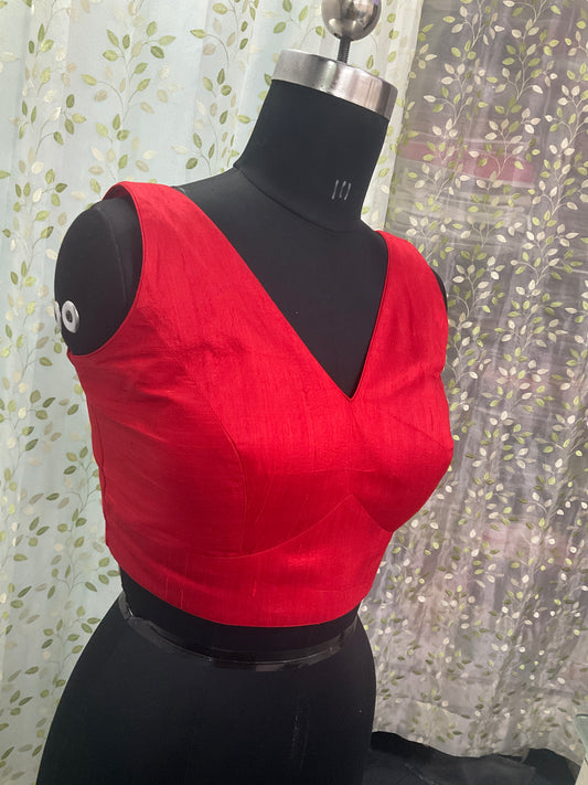 Red raw silk sleeveless blouse