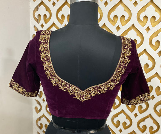 Maroon velvet hand embroidery blouse